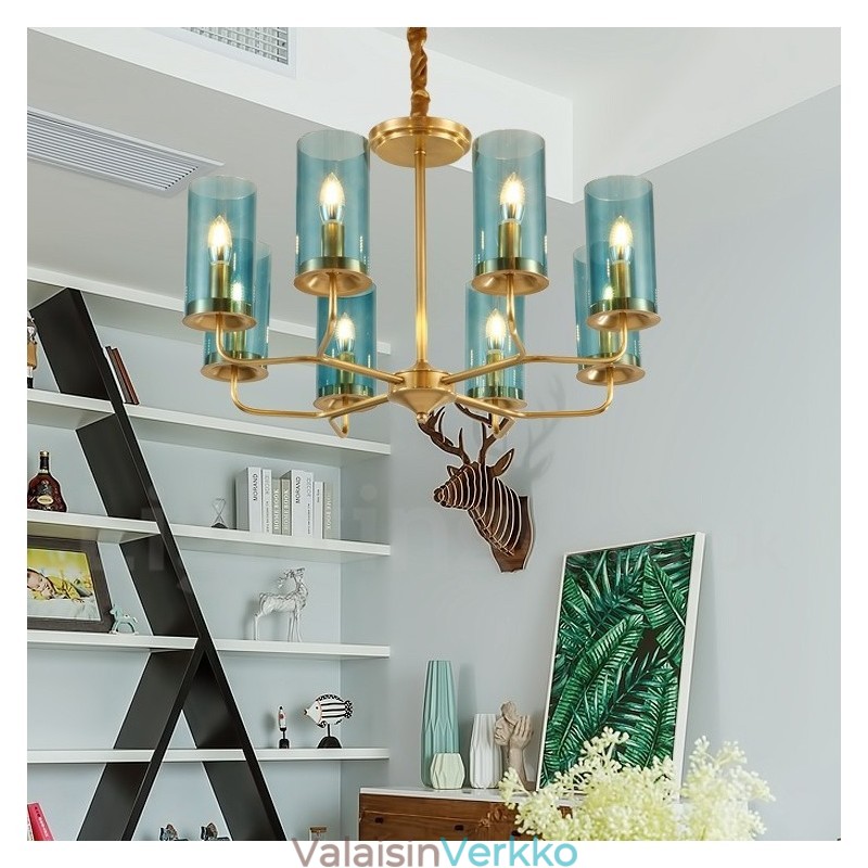 8 Kevyt Retro Rustic Luxury messinkiriippuvalaisin kattokruunu lasivarjostimella