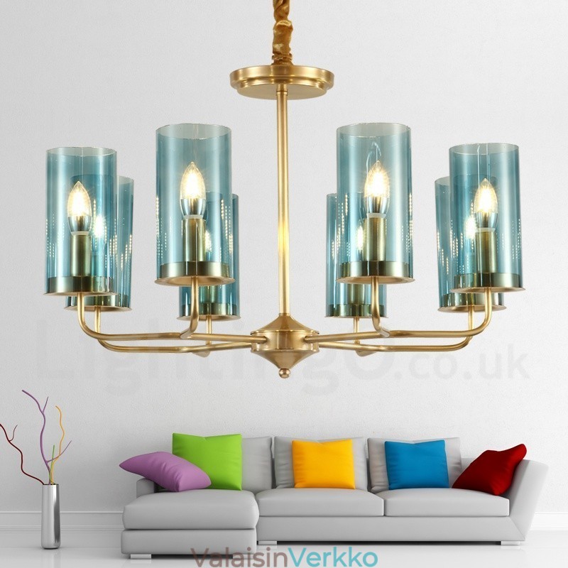 8 Kevyt Retro Rustic Luxury messinkiriippuvalaisin kattokruunu lasivarjostimella