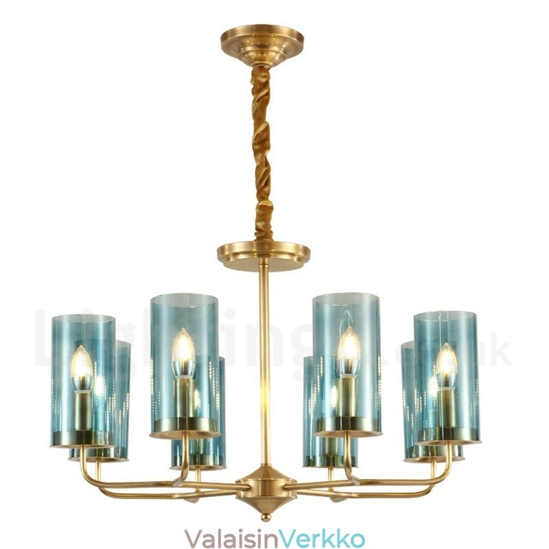 8 Kevyt Retro Rustic Luxury messinkiriippuvalaisin kattokruunu lasivarjostimella
