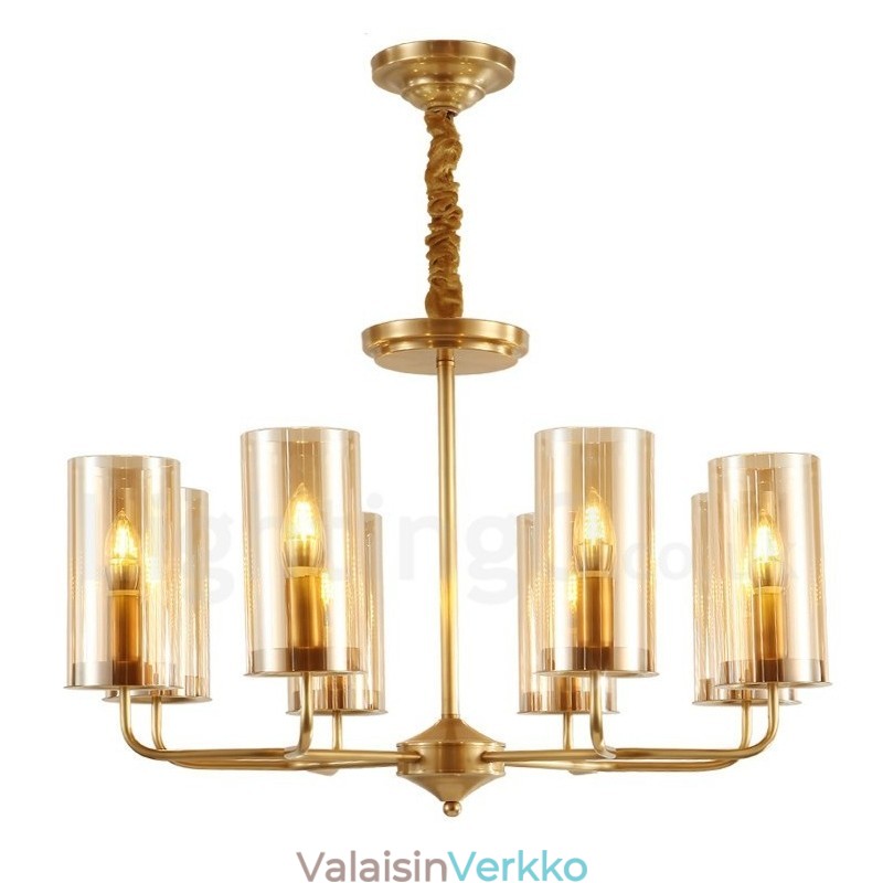 8 Kevyt Retro Rustic Luxury messinkiriippuvalaisin kattokruunu lasivarjostimella