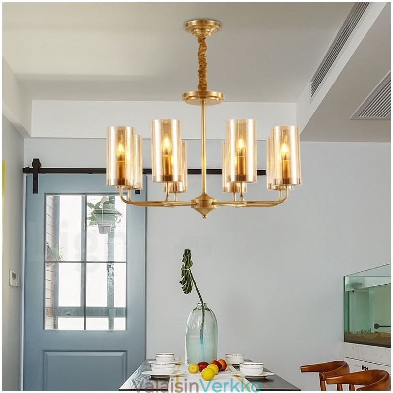 8 Kevyt Retro Rustic Luxury messinkiriippuvalaisin kattokruunu lasivarjostimella