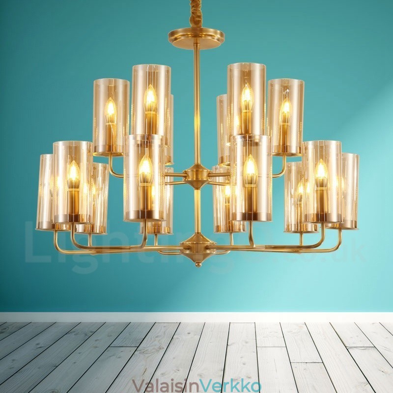 16 Vaalea Retro Rustic Luxury messinkiriippuvalaisin kattokruunu lasivarjostimella