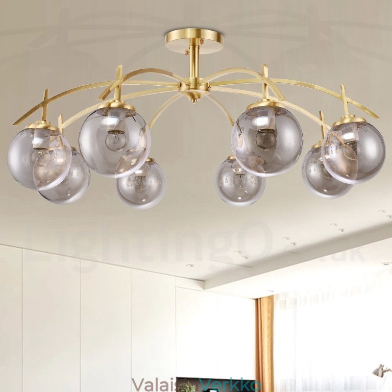 8 Kevyt Retro Rustic Luxury messinkiriippuvalaisinkruunu lasivarjostimella