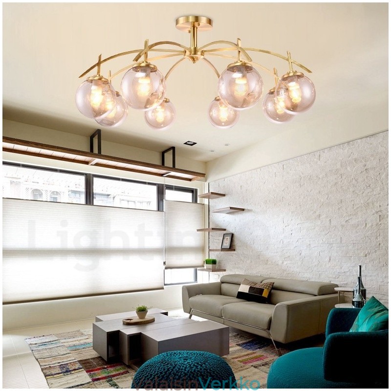 8 Kevyt Retro Rustic Luxury messinkiriippuvalaisinkruunu lasivarjostimella