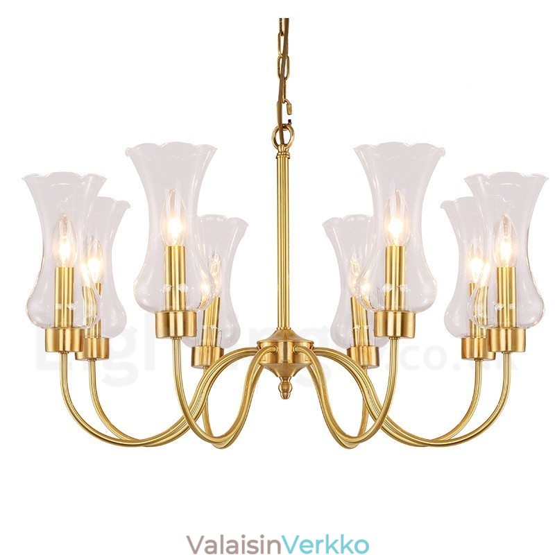 8 Kevyt Retro Rustic Luxury messinkiriippuvalaisinkruunu lasivarjostimella