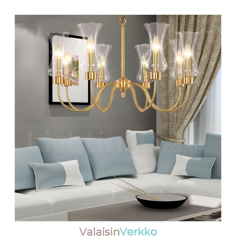 8 Kevyt Retro Rustic Luxury messinkiriippuvalaisinkruunu lasivarjostimella