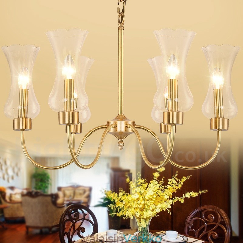 6 Kevyt Retro Rustic Luxury messinkiriippuvalaisin kattokruunu lasivarjostimella
