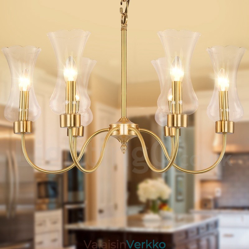 6 Kevyt Retro Rustic Luxury messinkiriippuvalaisin kattokruunu lasivarjostimella