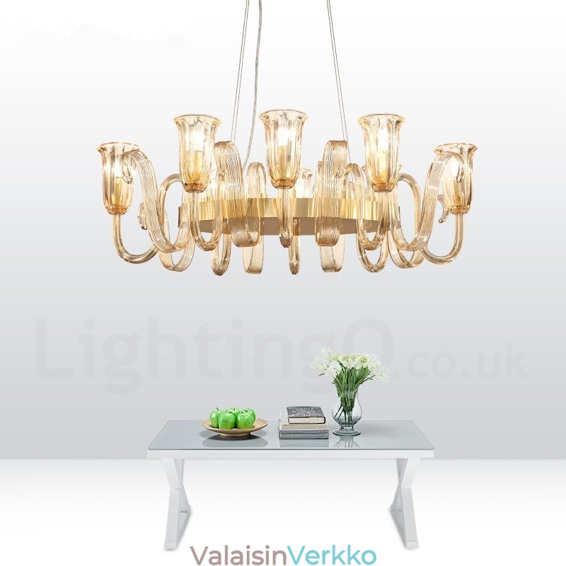 8 Light Retro Rustic Luxury Alumiiniseoksesta riippuvalaisinkruunu lasivarjostimella