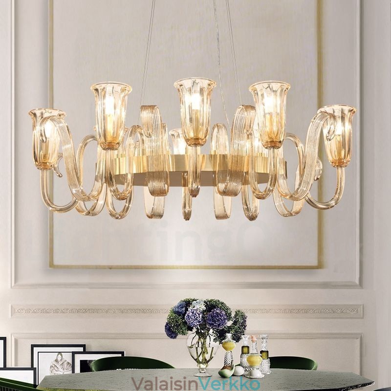 8 Light Retro Rustic Luxury Alumiiniseoksesta riippuvalaisinkruunu lasivarjostimella