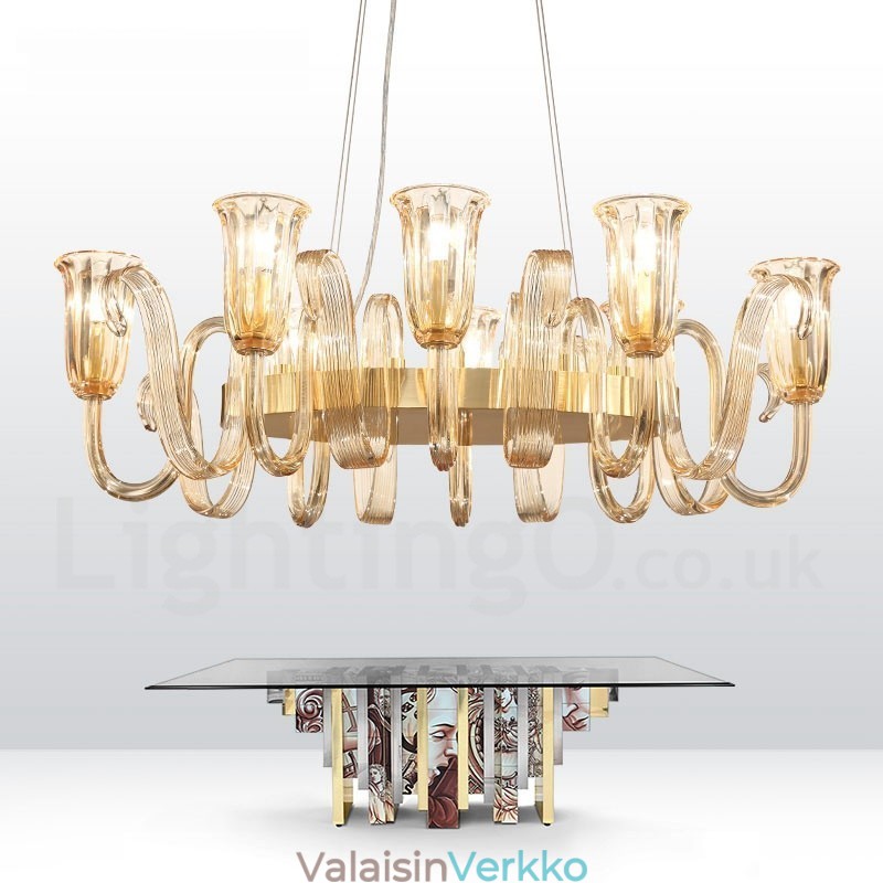 8 Light Retro Rustic Luxury Alumiiniseoksesta riippuvalaisinkruunu lasivarjostimella
