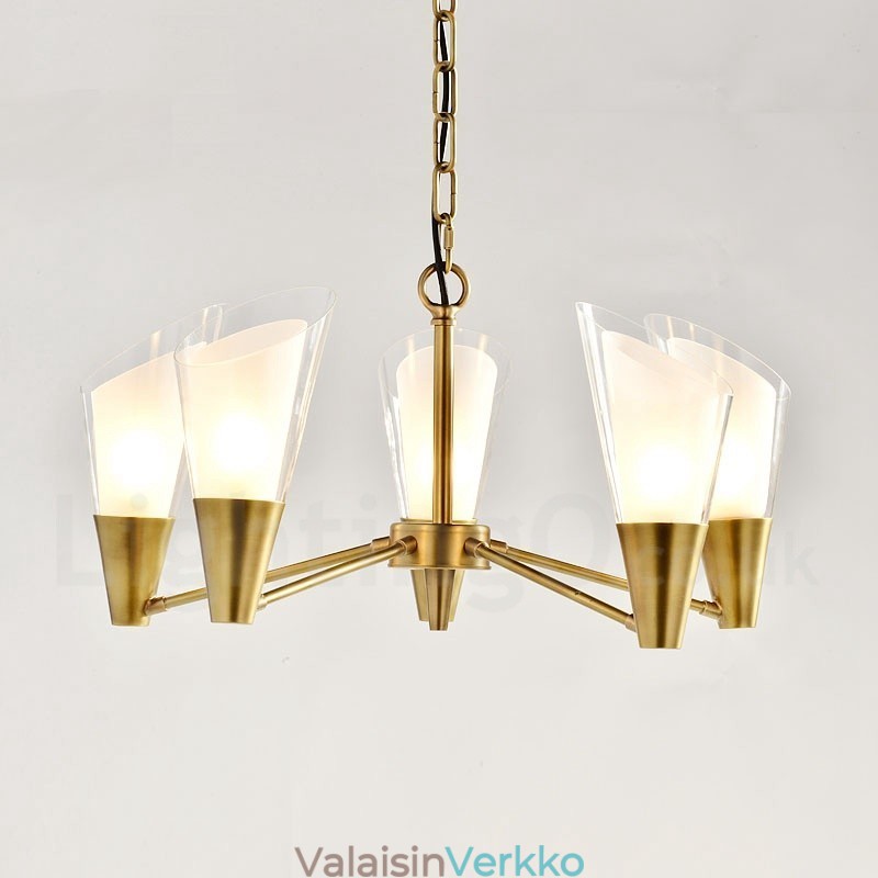 5 Kevyt Retro Rustic Luxury messinkiriippuvalaisinkruunu lasivarjostimella