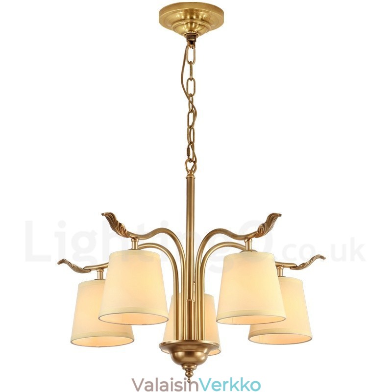 5 Kevyt Retro Rustic Luxury messinkiriippuvalaisin kattokruunu kangasvarjostimella