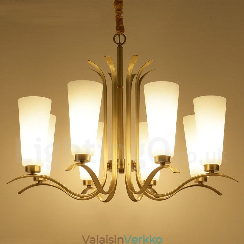 8 Kevyt Retro Rustic Luxury messinkiriippuvalaisinkruunu lasivarjostimella