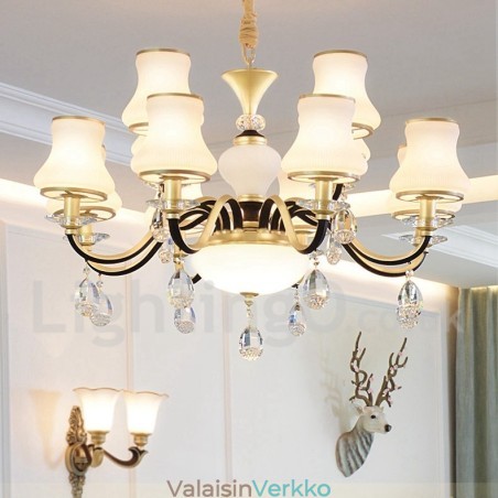 12 Vaalea Retro Rustic Luxury Crystal -riippuvalaisinkruunu lasivarjostimella 12 Vaalea Retro Rustic Luxury Crystal -riippuvalaisinkruunu lasivarjostimella