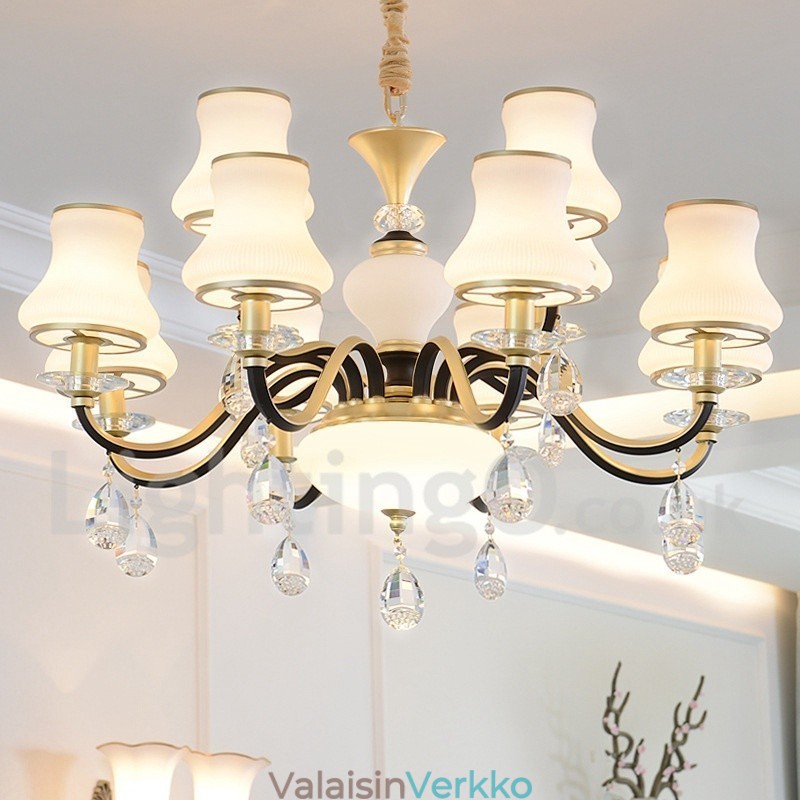 12 Vaalea Retro Rustic Luxury Crystal -riippuvalaisinkruunu lasivarjostimella