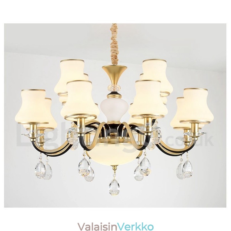 12 Vaalea Retro Rustic Luxury Crystal -riippuvalaisinkruunu lasivarjostimella