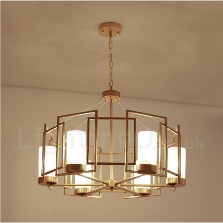 Moderni nykyaikainen 6 Light messinkiriippuvalaisin lasivarjostimella Moderni nykyaikainen 6 Light messinkiriippuvalaisin lasivarjostimella