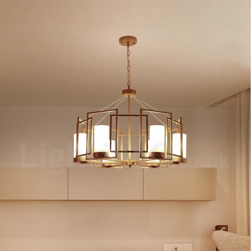 Moderni nykyaikainen 6 Light messinkiriippuvalaisin lasivarjostimella