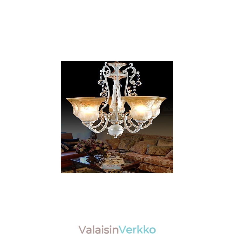 Valkoinen kattokruunu Five Lights Pattern Lasivarjostin Käsinkullattu European Retro Classic