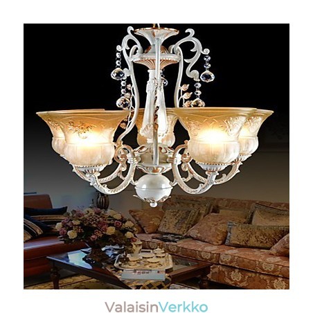Valkoinen kattokruunu Five Lights Pattern Lasivarjostin Käsinkullattu European Retro Classic Valkoinen kattokruunu Five Lights Pattern Lasivarjostin Käsinkullattu European Retro Classic