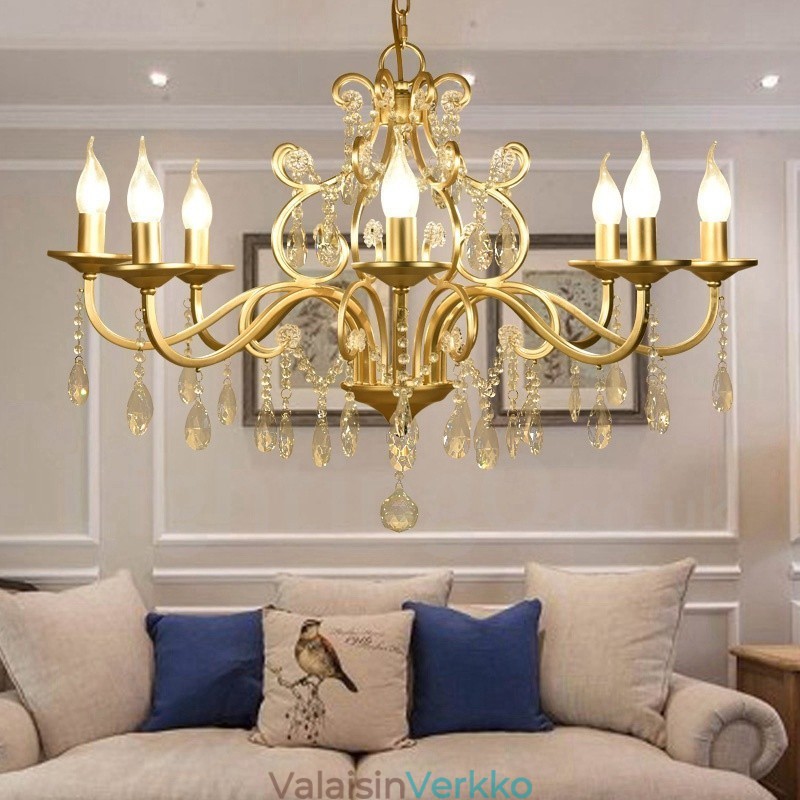 Rustic Lodge 8 Light Crystal Steel kattokruunu kangasvarjostimella