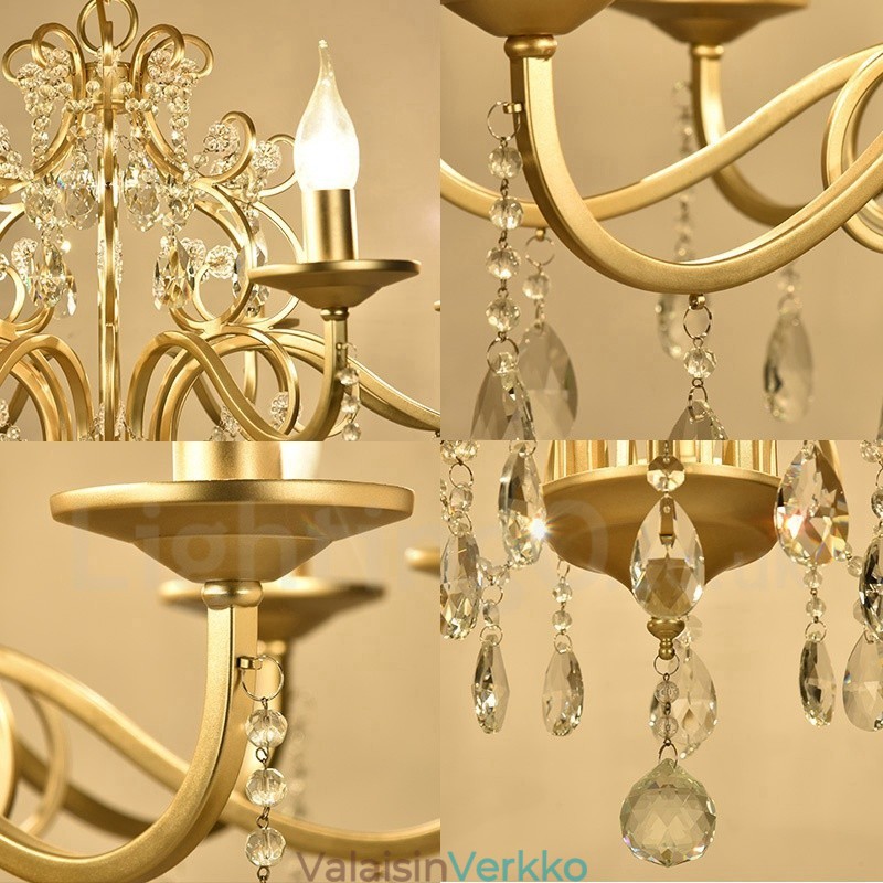 Rustic Lodge 8 Light Crystal Steel kattokruunu kangasvarjostimella