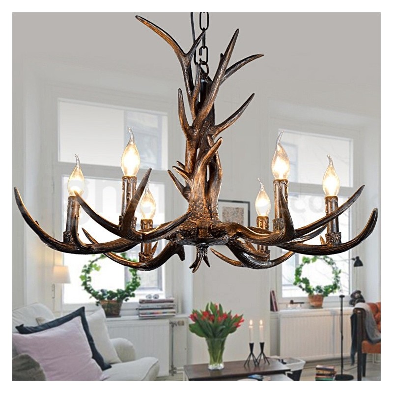 6 Vaalea maalaismainen taiteellinen Retro Antler Black Vintage kattokruunu