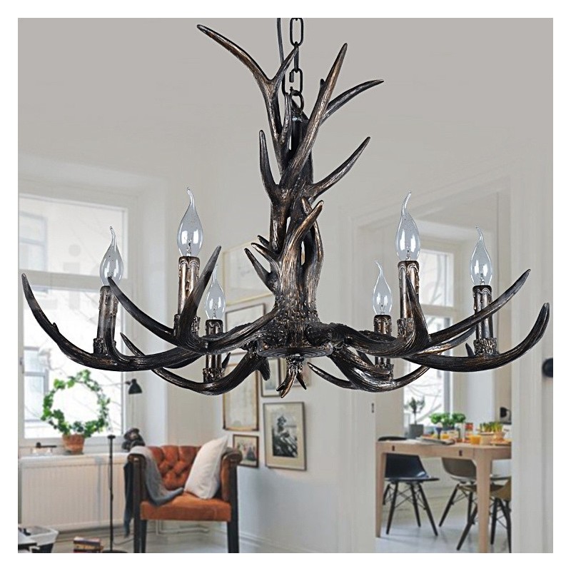 6 Vaalea maalaismainen taiteellinen Retro Antler Black Vintage kattokruunu