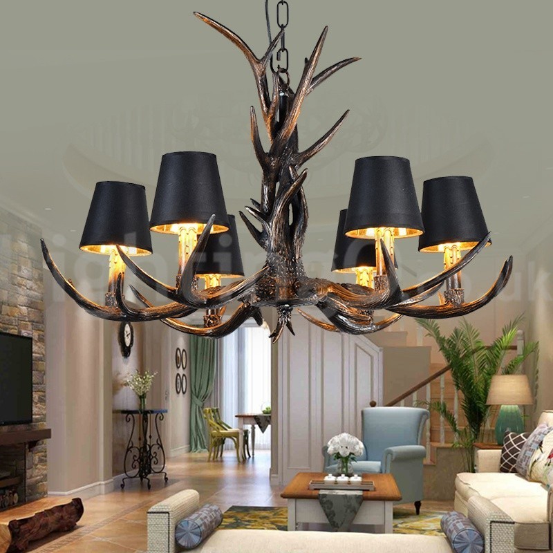 6 Vaalea maalaismainen taiteellinen Retro Antler Black Vintage kattokruunu