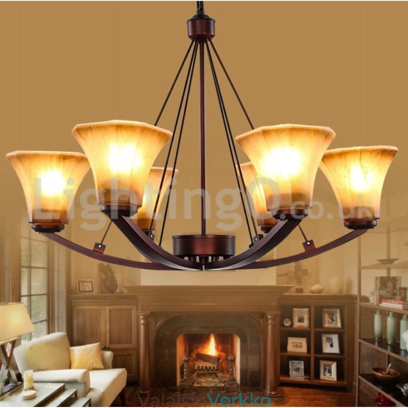 Maalaismainen 6 polttimoa Lasi Lampunvarjostin Ruostumaton kattokruunu