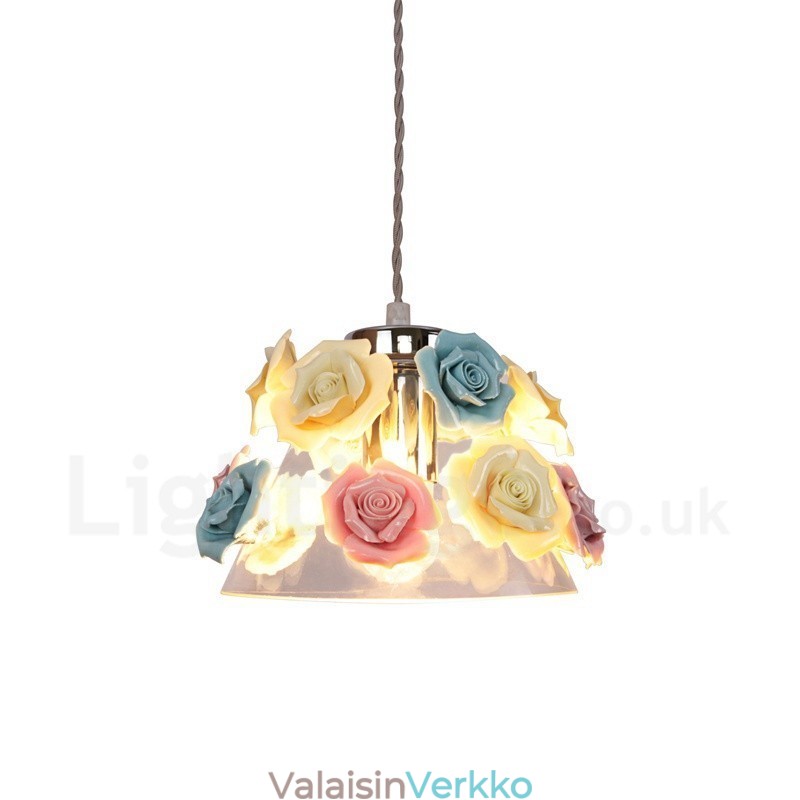 Monivärinen kukka Macaron kattovalaisin lasivarjostimella