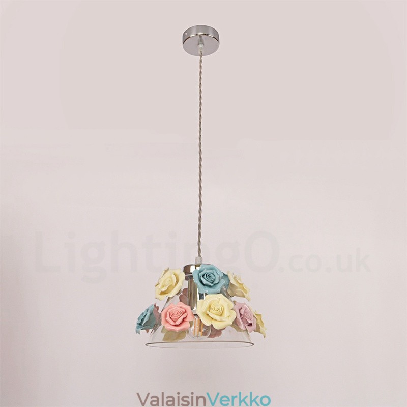 Monivärinen kukka Macaron kattovalaisin lasivarjostimella