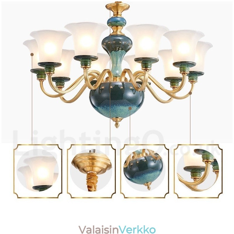 Retro vintage messinkikeramiikka riippuva kynttilän kattokruunu lasivarjostimilla