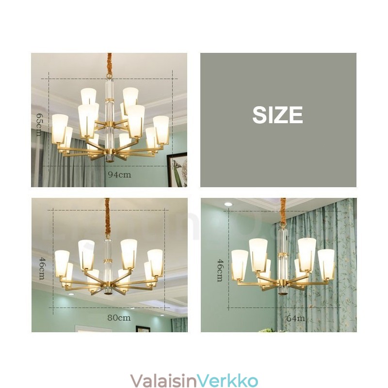 Retro Vintage Brass Crystals -riippuvainen kynttiläkruunu lasivarjostimilla
