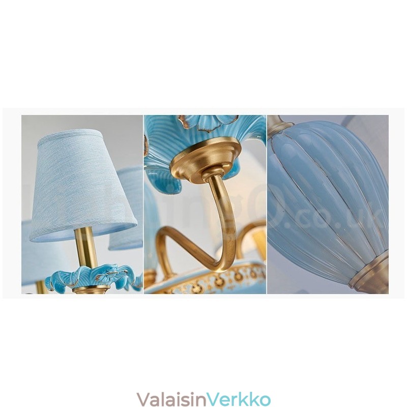 Retro vintage messinkikeramiikka riippuva kynttilän kattokruunu sinisillä kangasvarjoilla