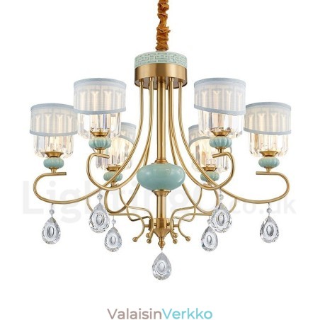 Puhdasta messinkiä ylellinen maalaismainen retro vintage messinkikeramiikka riipus kynttilän kattokruunu kankaalla ja kristallivarjostimilla Puhdasta messinkiä ylellinen maalaismainen retro vintage messinkikeramiikka riipus kynttilän kattokruunu kankaalla ja kristallivarjostimilla
