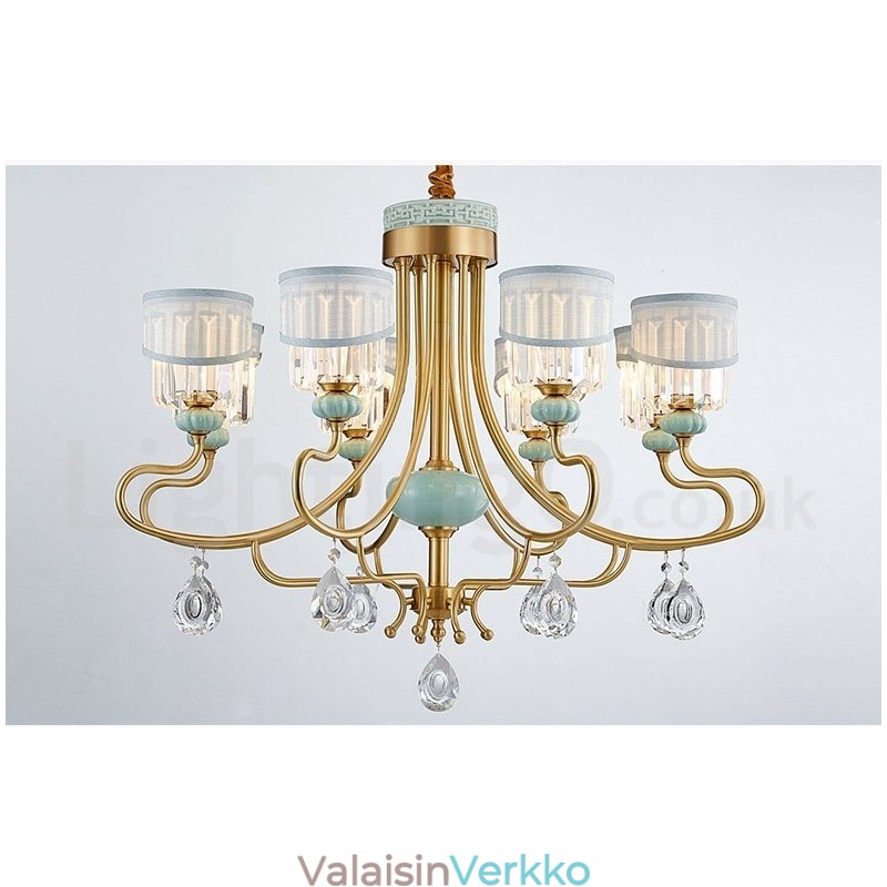 Puhdasta messinkiä ylellinen maalaismainen retro vintage messinkikeramiikka riipus kynttilän kattokruunu kankaalla ja kristallivarjostimilla