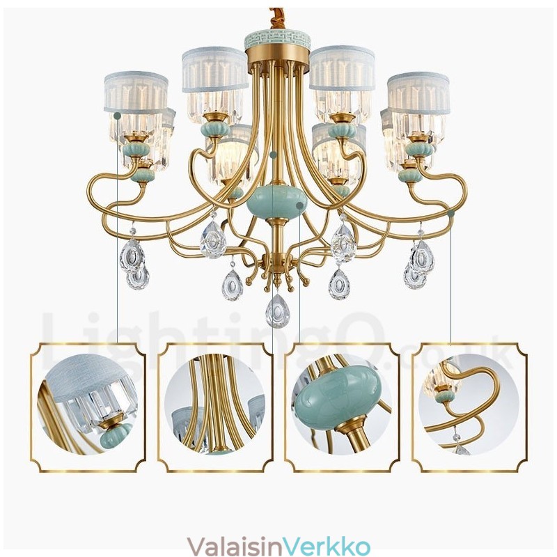 Puhdasta messinkiä ylellinen maalaismainen retro vintage messinkikeramiikka riipus kynttilän kattokruunu kankaalla ja kristallivarjostimilla