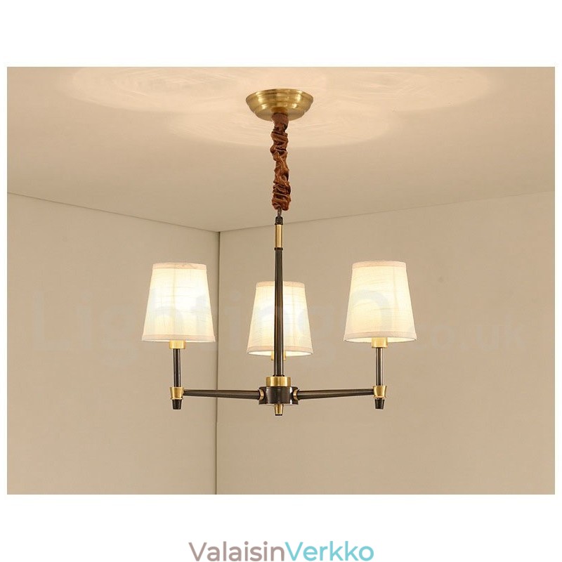 Puhdasta messinkiä suuri, ylellinen maalaismainen retro vintage messinkiriippuvainen kattokruunu kangasvarjostimilla