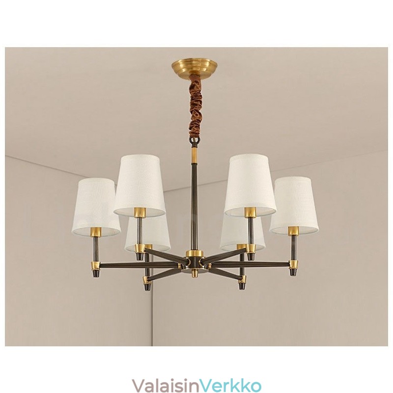 Puhdasta messinkiä suuri, ylellinen maalaismainen retro vintage messinkiriippuvainen kattokruunu kangasvarjostimilla