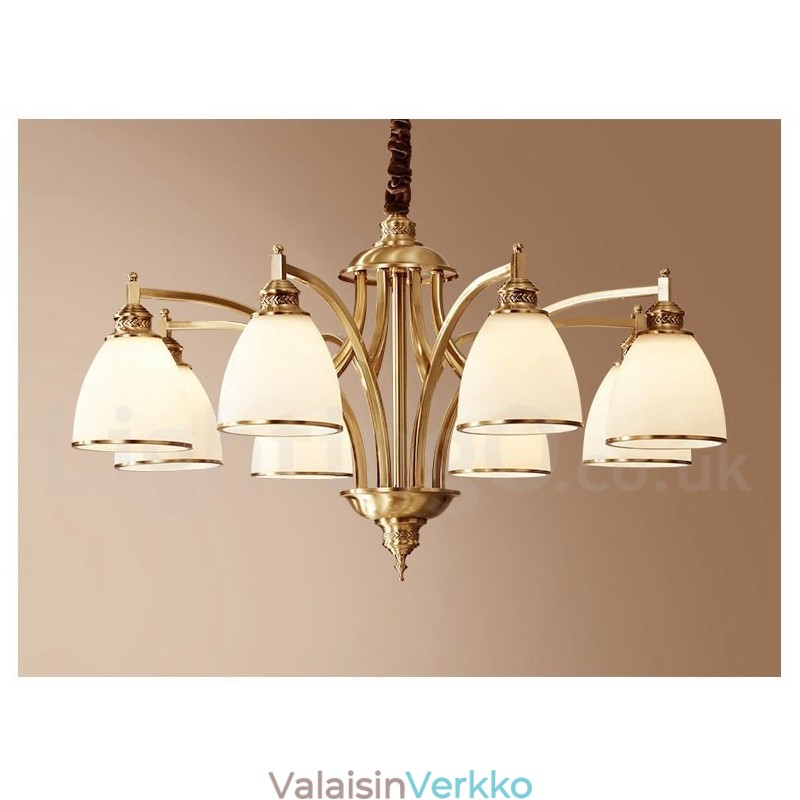 Puhdasta messinkiä suuri, ylellinen maalaismainen retro vintage messinkiriippuvainen kattokruunu lasivarjostimilla