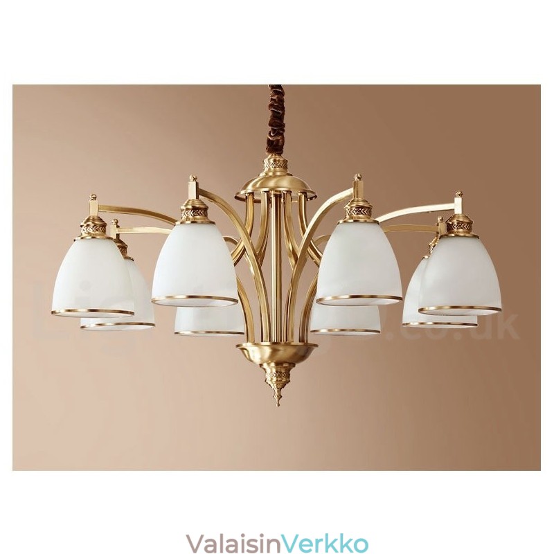 Puhdasta messinkiä suuri, ylellinen maalaismainen retro vintage messinkiriippuvainen kattokruunu lasivarjostimilla