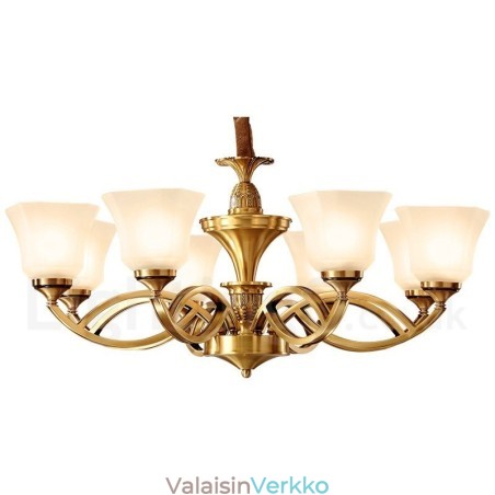 Puhdasta messinkiä suuri, ylellinen maalaismainen retro vintage messinkiriippuvainen kattokruunu lasivarjostimilla Puhdasta messinkiä suuri, ylellinen maalaismainen retro vintage messinkiriippuvainen kattokruunu lasivarjostimilla
