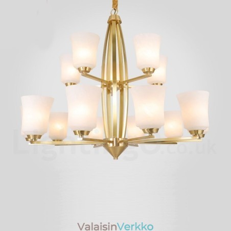 15 vaaleaa puhdasta messinkiä, suuri ylellinen maalaismainen retro vintage messinkiriippuvainen kattokruunu lasivarjostimilla 15 vaaleaa puhdasta messinkiä, suuri ylellinen maalaismainen retro vintage messinkiriippuvainen kattokruunu lasivarjostimilla