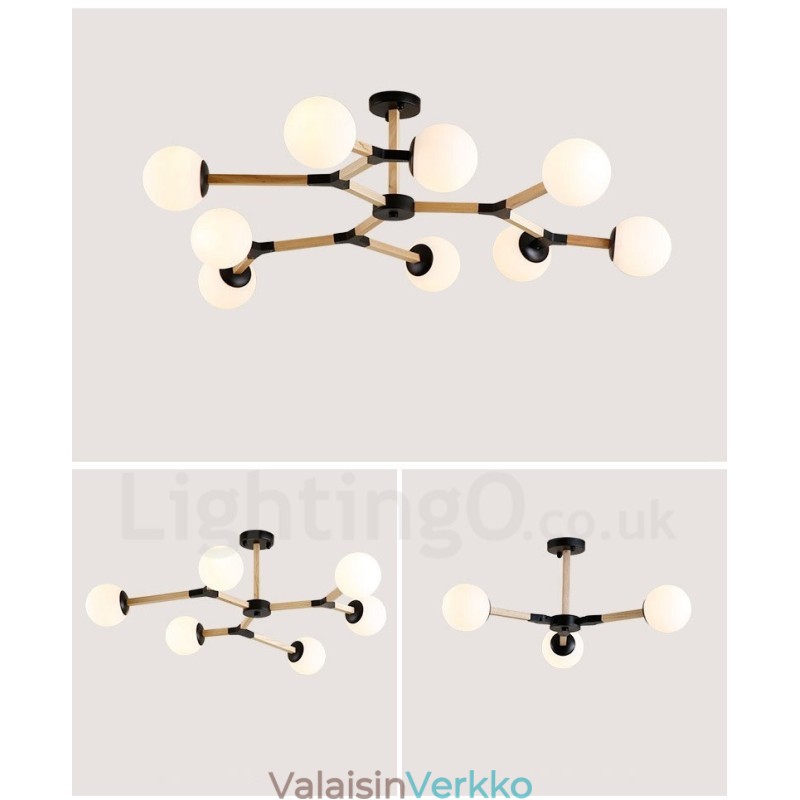Puinen pohjoismainen moderni Magic Bean -puumolekyylinen kattokruunu lasivarjostimilla