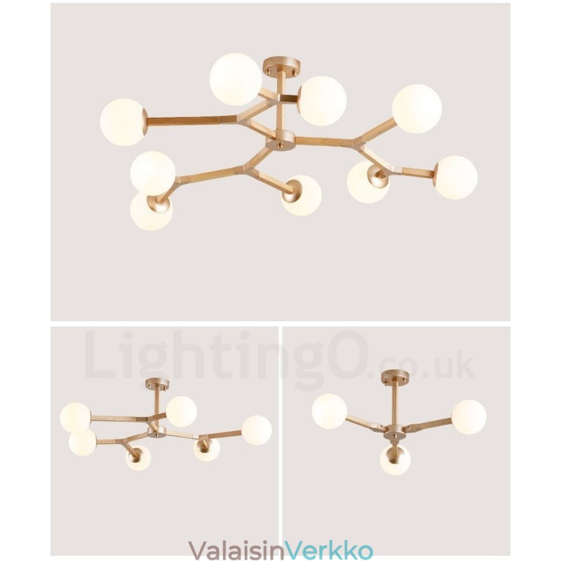 Puinen pohjoismainen moderni Magic Bean -puumolekyylinen kattokruunu lasivarjostimilla