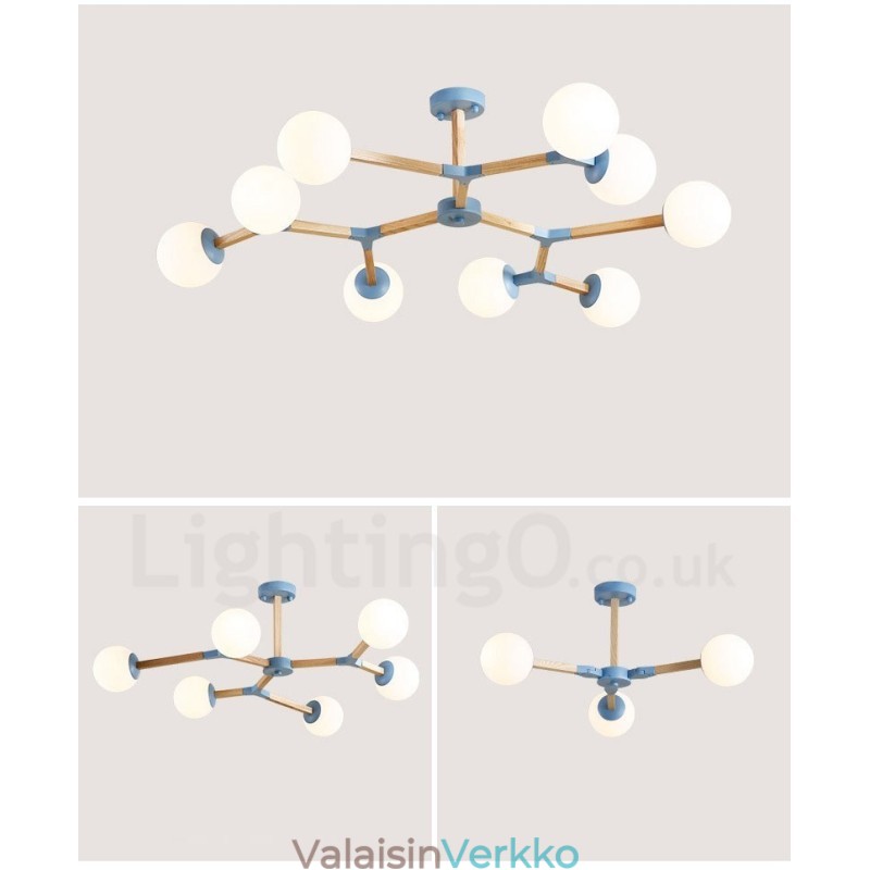 Puinen pohjoismainen moderni Magic Bean -puumolekyylinen kattokruunu lasivarjostimilla