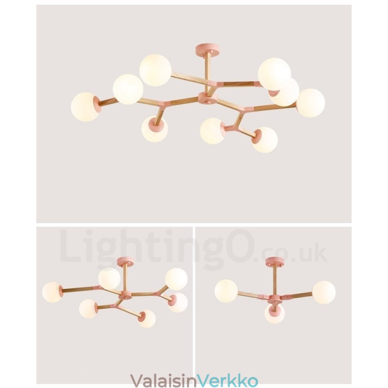 Puinen pohjoismainen moderni Magic Bean -puumolekyylinen kattokruunu lasivarjostimilla