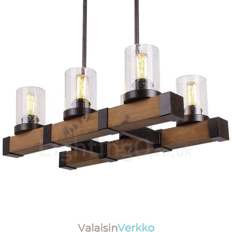 6 Light Vintage puinen kattokruunu Industrial Wind Loft Puinen lineaarinen riippuvalaisin
